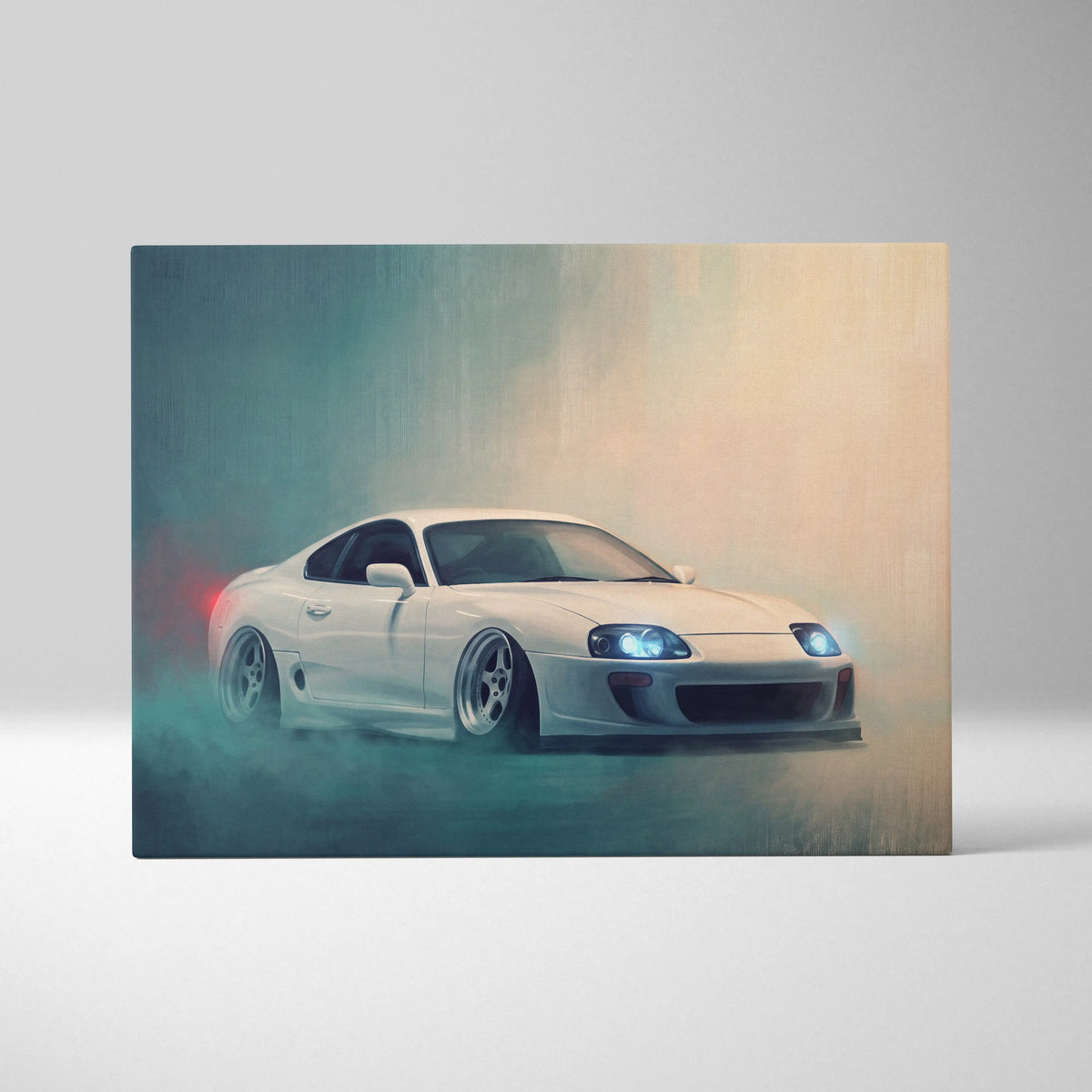 White Toyota Mk4 Supra sports car canvas print with glowing headlights and smoke effects for modern home decor
