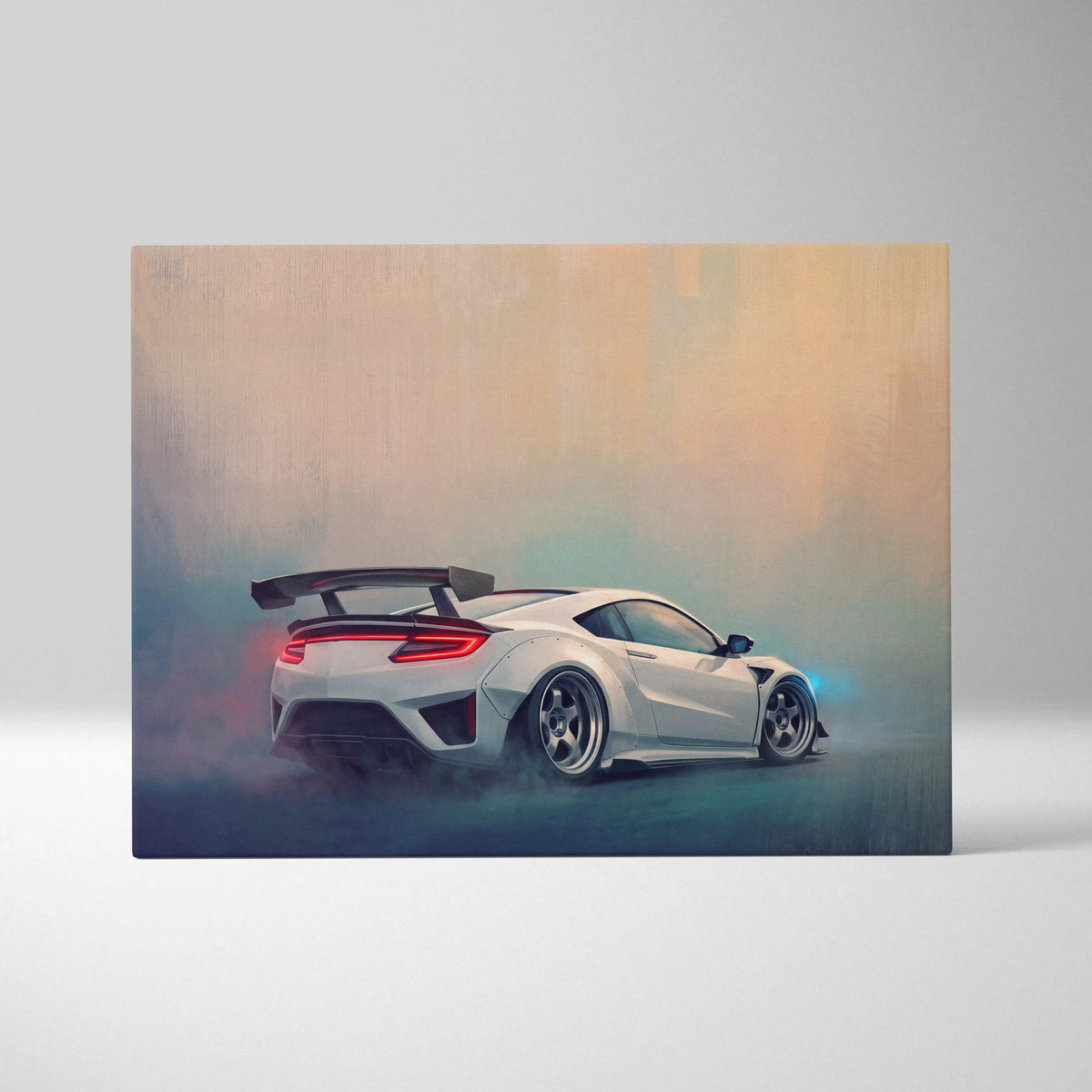 White honda nsx sports car with rear spoiler and glowing taillights on canvas in acura nsx inspired wall art