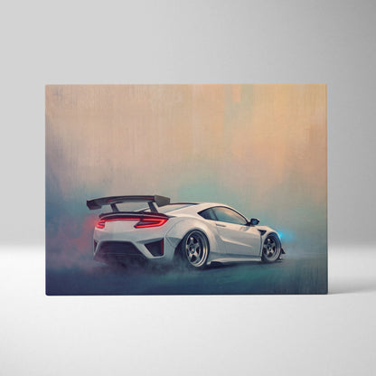 White honda nsx sports car with rear spoiler and glowing taillights on canvas in acura nsx inspired wall art