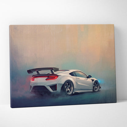 White acura nsx sports car canvas print showing back side with glowing red taillights and black rear spoiler