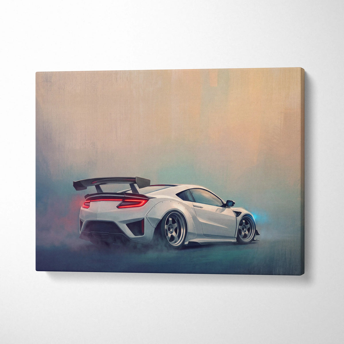 White acura nsx sports car canvas print showing rear with red taillights and black spoiler automotive wall art