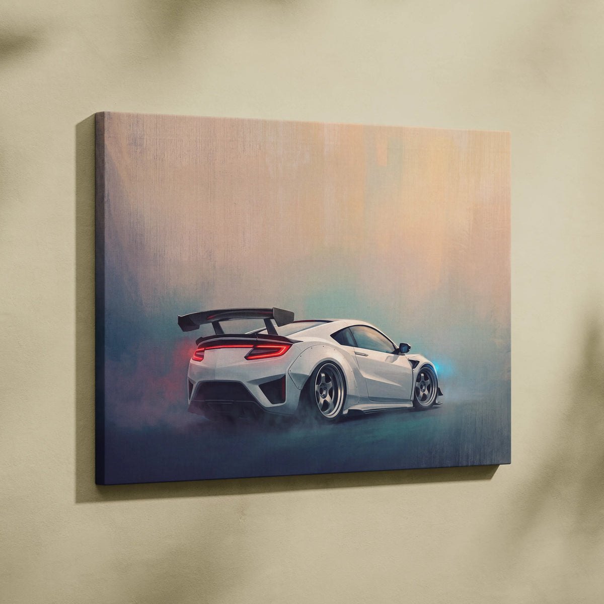 White acura nsx sports car canvas print showing the back with glowing red taillights and black rear spoiler
