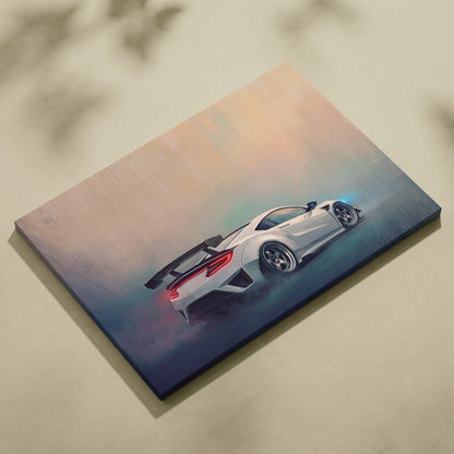 Acura nsx inspired white sports car canvas print featuring sleek design with glowing red taillights and rear spoiler