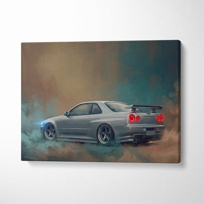 Silver nissan skyline gt-r r34 canvas print showing car drifting with glowing red taillights and blue smoke effects