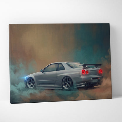 Silver nissan skyline gt-r r34 canvas print showing drifting car with smoke and glowing red taillights for bedroom decor