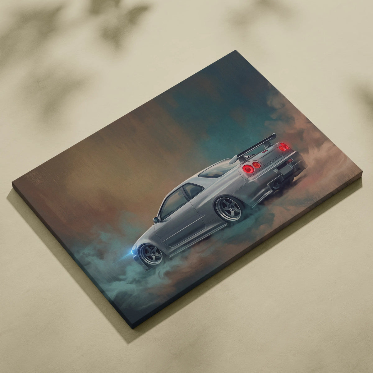 Silver nissan skyline gt-r r34 drift canvas print with red taillights and blue smoke for bedroom wall art