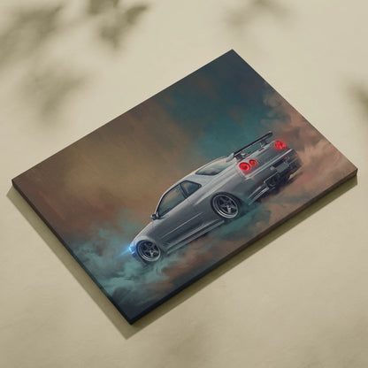 Silver nissan skyline gt-r r34 drift canvas print with red taillights and blue smoke for bedroom wall art