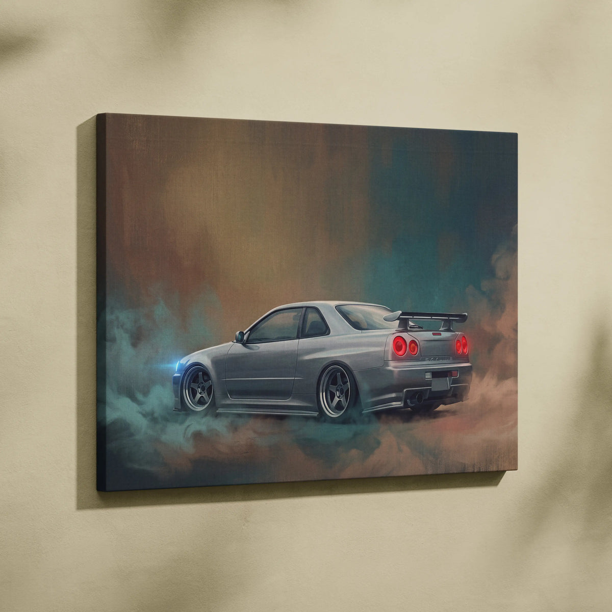 Silver nissan skyline gt-r r34 canvas print showing the car drifting with red taillights and blue underglow for bedroom wall art