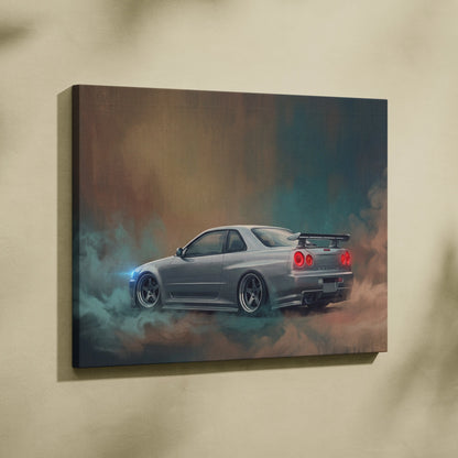 Silver nissan skyline gt-r r34 canvas print showing the car drifting with red taillights and blue underglow for bedroom wall art