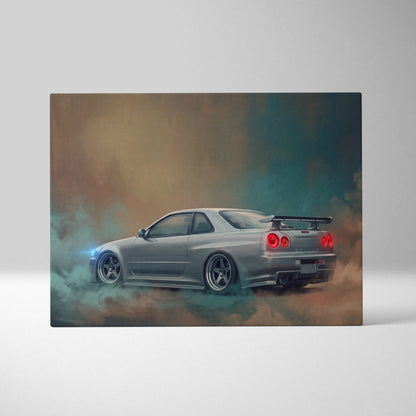 Silver nissan skyline gt-r r34 canvas print with glowing red taillights and blue smoke for bedroom wall art