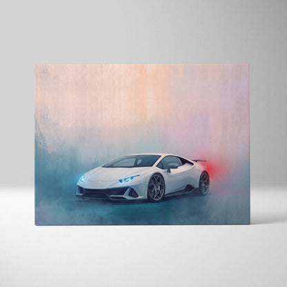 Stylized painterly canvas art print of white Lamborghini Huracán Evo with glowing blue headlights and red smoke effects