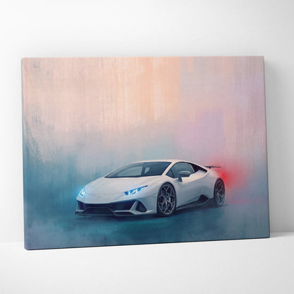 White Lamborghini Huracán Evo inspired supercar canvas art with glowing blue headlights and red exhaust smoke on gradient background