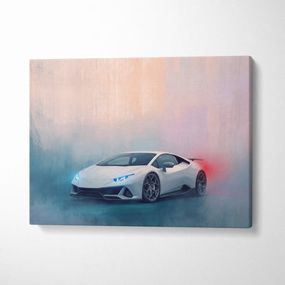 White Lamborghini Huracán Evo inspired supercar canvas art print featuring sleek design and glowing blue headlights