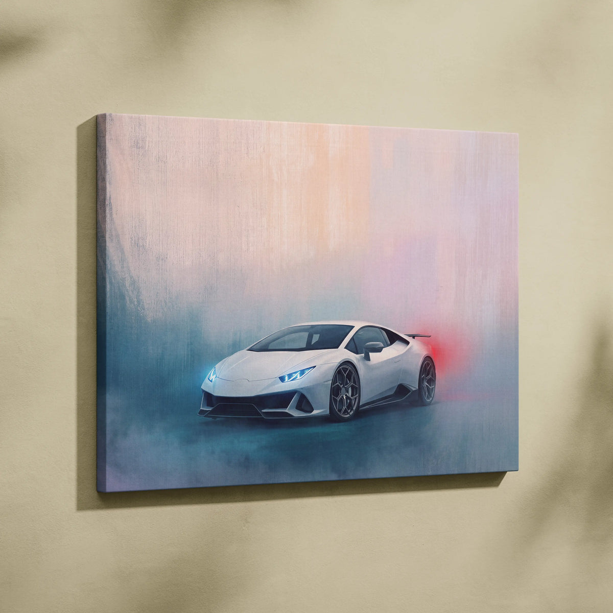 Lamborghini huracán evo inspired white sports car canvas art with glowing blue headlights and red exhaust glow