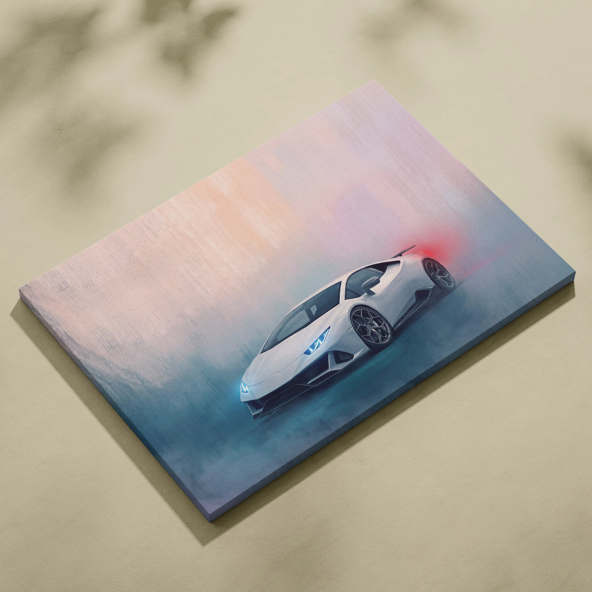 White lamborghini huracán evo inspired supercar canvas art print featuring dynamic stylized sports car on gradient sky