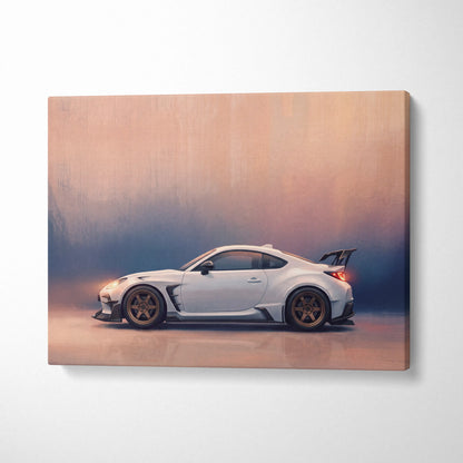 White sports car canvas print with bronze wheels and rear spoiler inspired by Toyota GR86 for modern living room decor