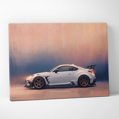 White Subaru brz sports car canvas print with bronze wheels and rear spoiler for modern living room decor