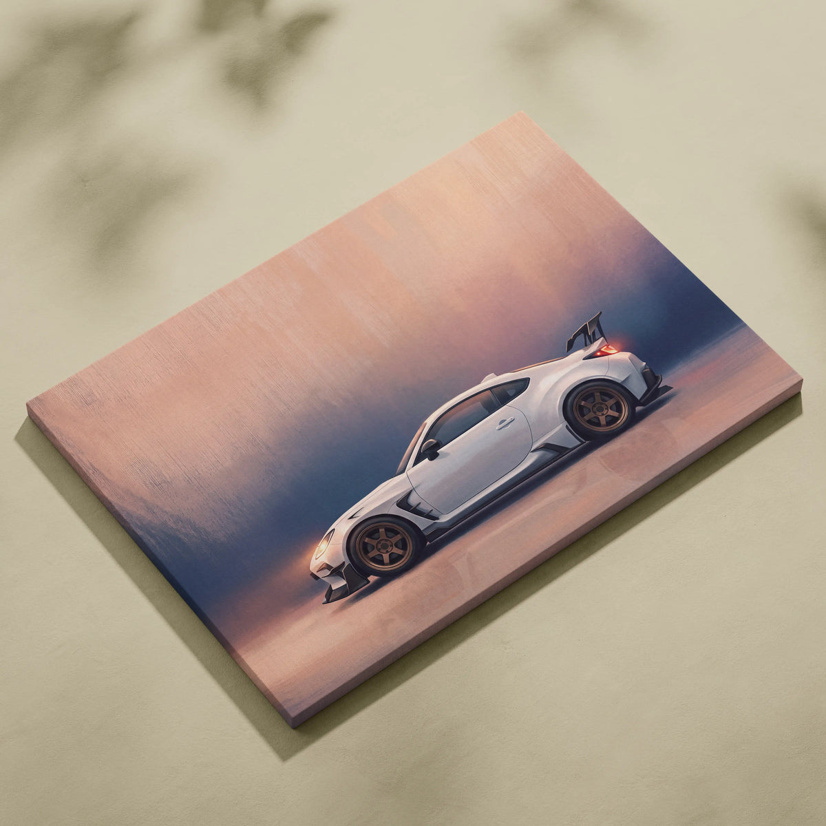 Toyota GR86 inspired car canvas print featuring a white sports car with bronze wheels and rear spoiler for modern living rooms