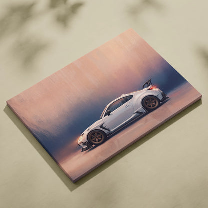 Toyota GR86 inspired car canvas print featuring a white sports car with bronze wheels and rear spoiler for modern living rooms