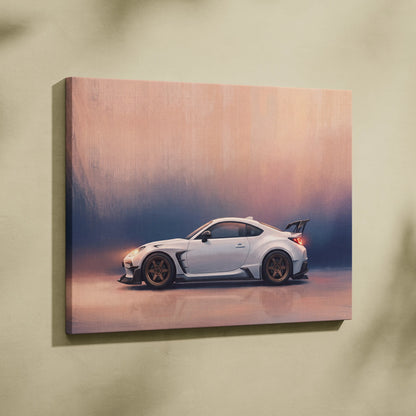 Toyota gr86 inspired car canvas print featuring a white subaru brz sports car with bronze wheels for modern living room decor