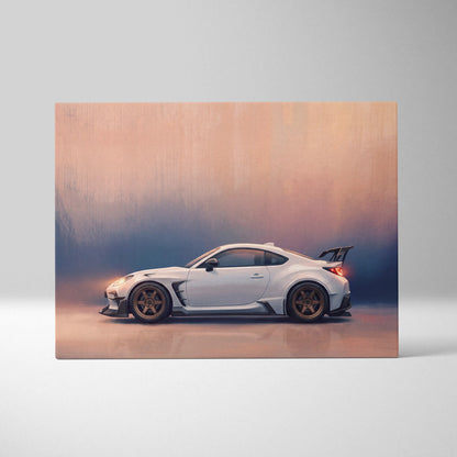 White sports car with gold rims and black rear spoiler artistic canvas print inspired by toyota gr86 for modern living room