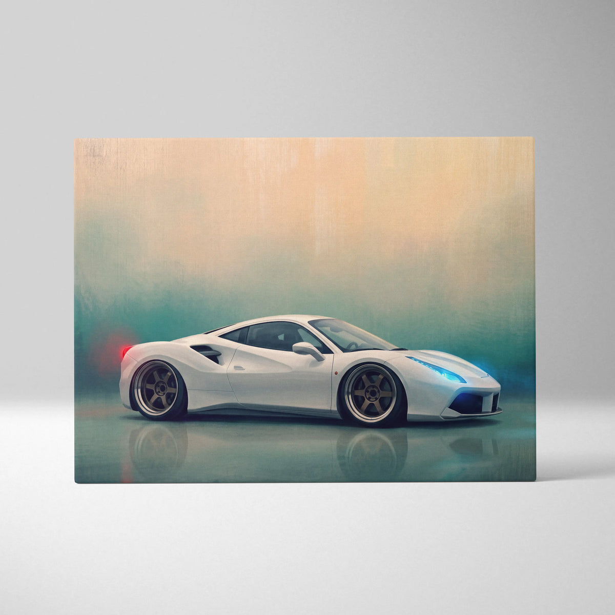 Ferrari 488 GTB inspired canvas art featuring a white sports car with sleek aerodynamic design and glowing blue headlights