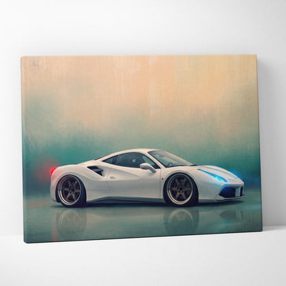 White ferrari 488 gtb inspired canvas art with glowing blue and red accents premium automotive wall decor