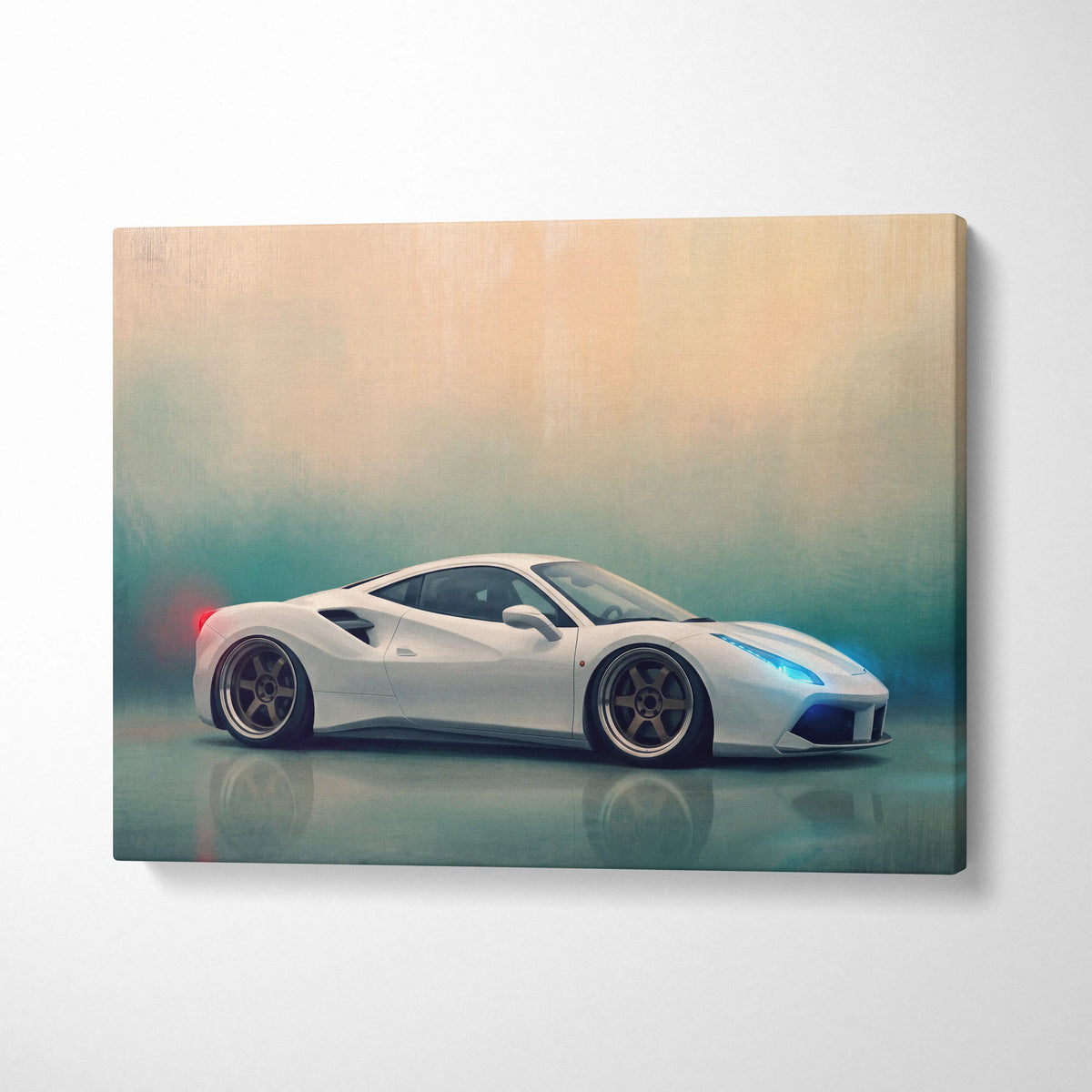 White Ferrari 488 GTB inspired canvas art with sleek design and glossy finish for premium automotive wall decor