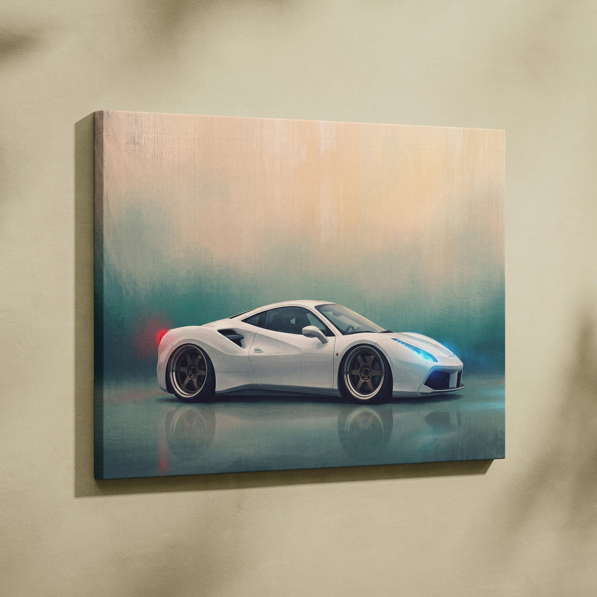 White ferrari 488 gtb inspired canvas art featuring sleek sports car design with glowing blue and red accents