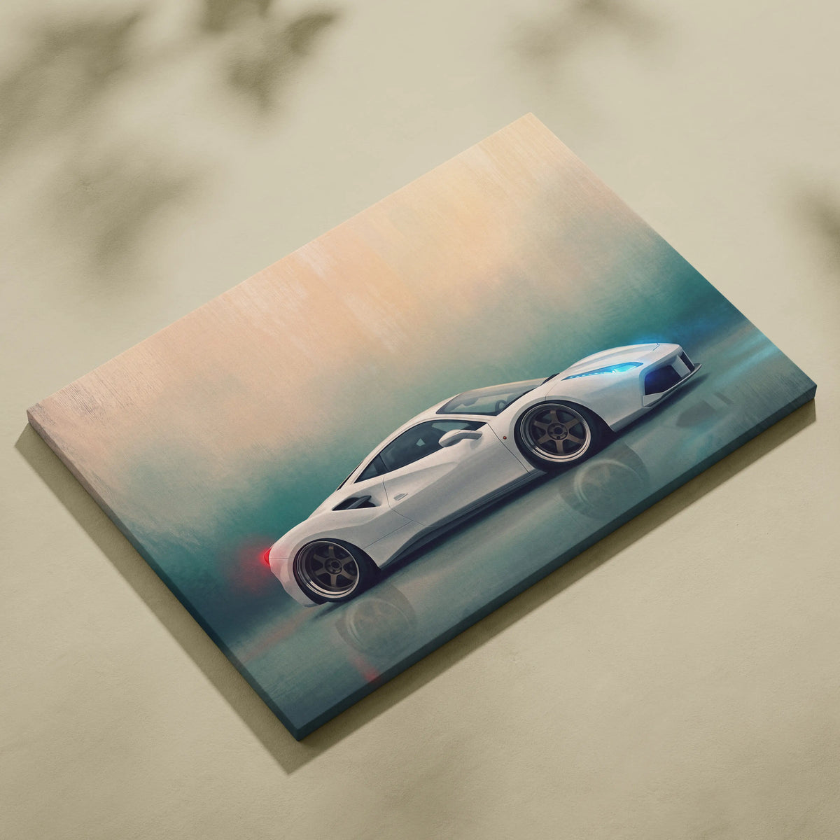 Ferrari 488 GTB inspired white sports car canvas art with sleek design and glowing blue and red accents for wall decor