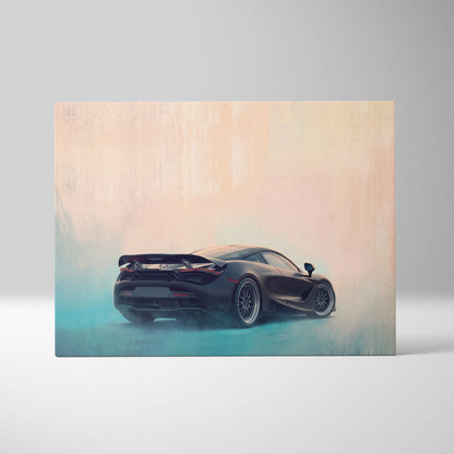 Black McLaren 720S inspired sports car wall art with teal and peach gradient background on canvas print