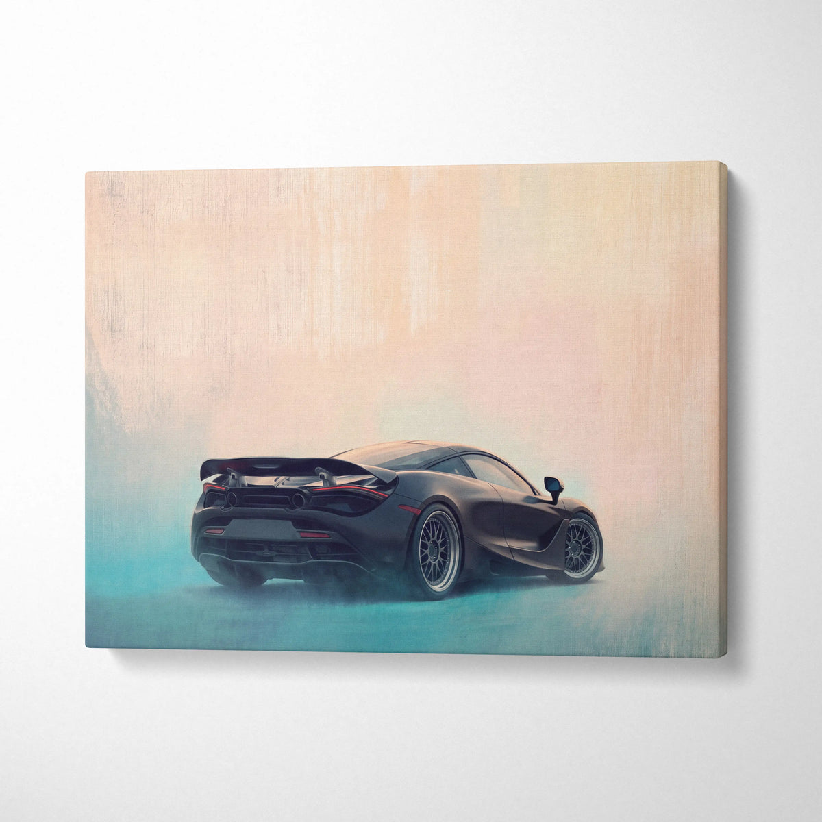 Stylized painting of a black mclaren 720s sports car on canvas mclaren 720s inspired car wall art track edition