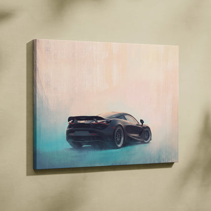 Black McLaren 720S sports car canvas painting print with misty teal and peach gradient background track edition wall art