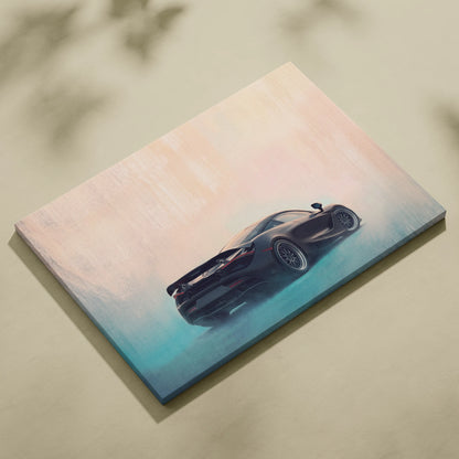 McLaren 720s inspired sleek black sports car wall art canvas painting print with glossy finish and red accents