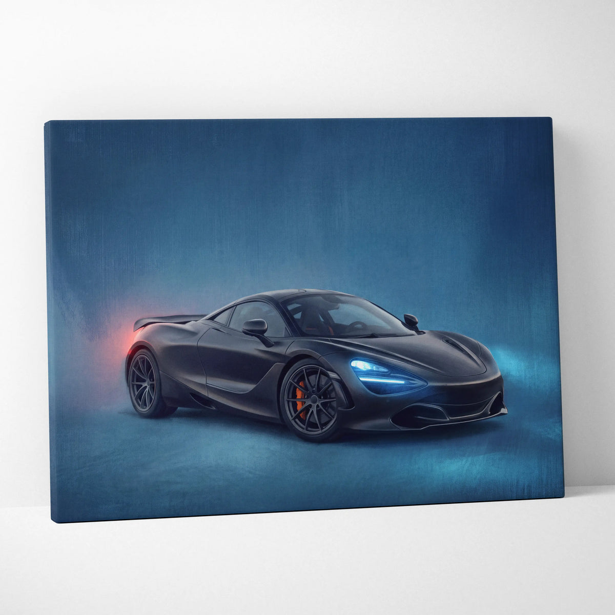 Black mclaren 720s luxury supercar canvas print with glowing blue headlights and orange brake calipers wall art
