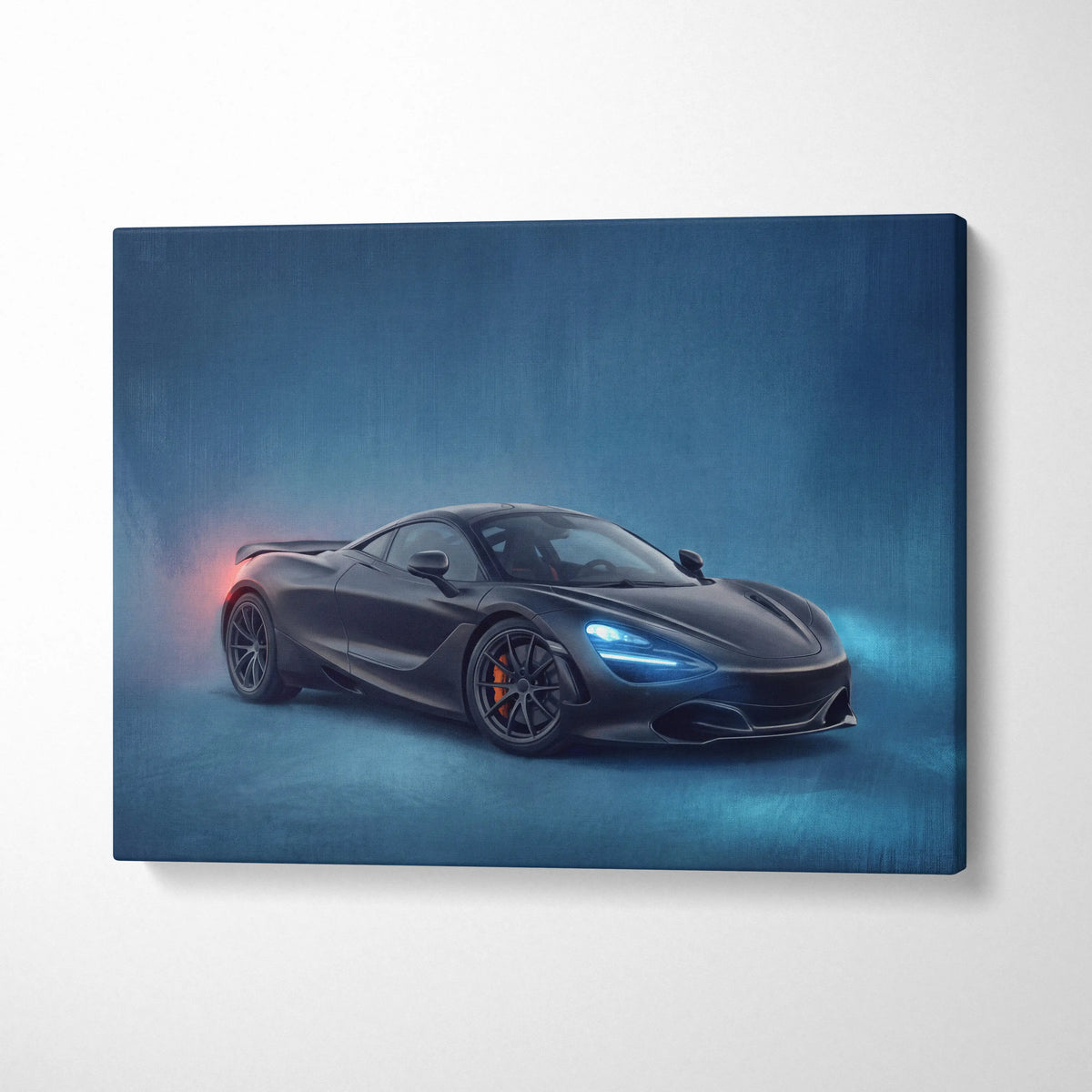 Black McLaren 720S sports car canvas print with glowing blue headlights and red taillights in a misty backdrop