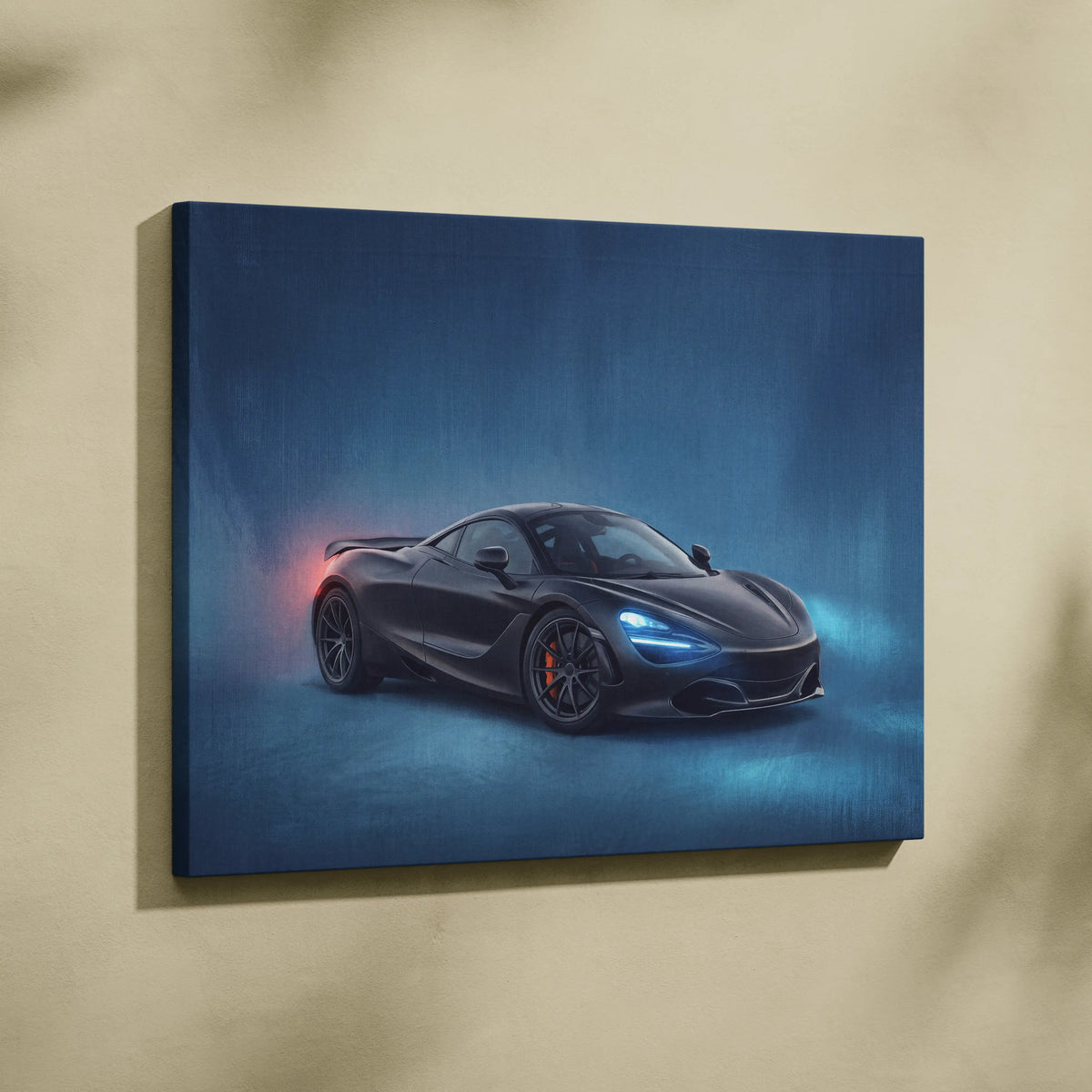 Black mclaren 720s inspired automotive wall art featuring dynamic illuminated canvas painting of luxury supercar