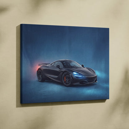 Black mclaren 720s inspired automotive wall art featuring dynamic illuminated canvas painting of luxury supercar