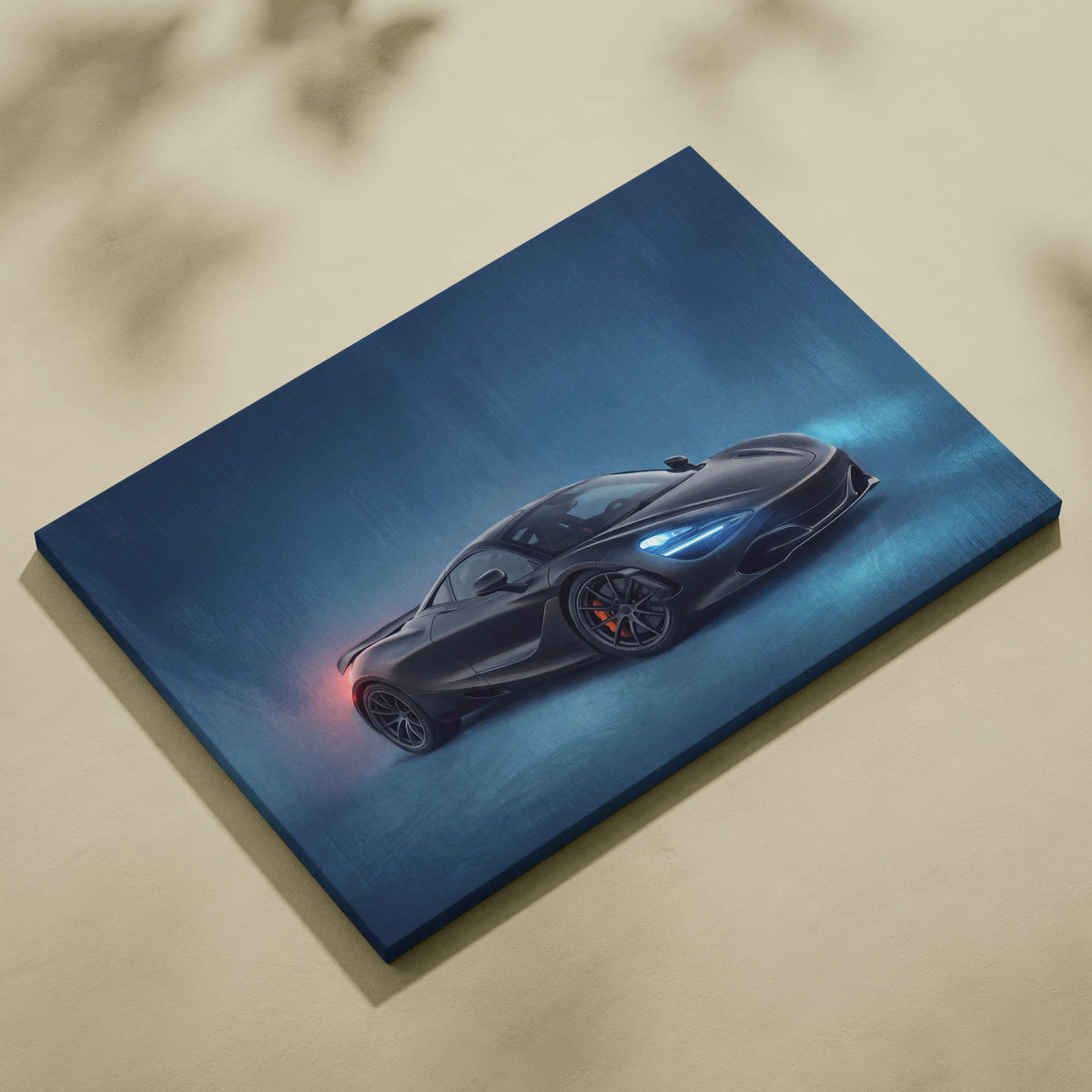 Black mclaren 720s sports car canvas print with glowing blue headlights and red taillights on dark blue background