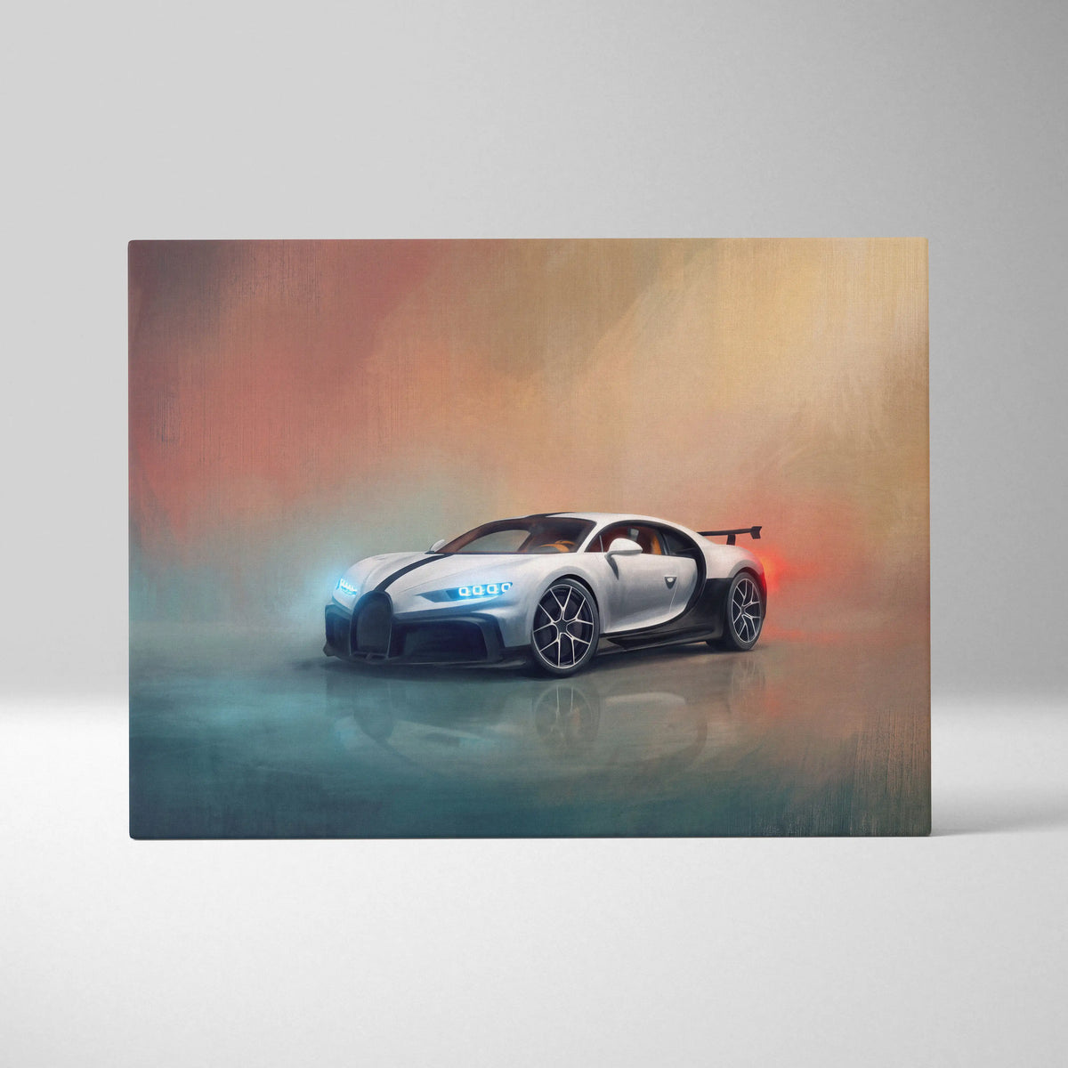 White and black Bugatti Chiron Pur Sport inspired supercar canvas art with glowing blue headlights in dynamic painting style