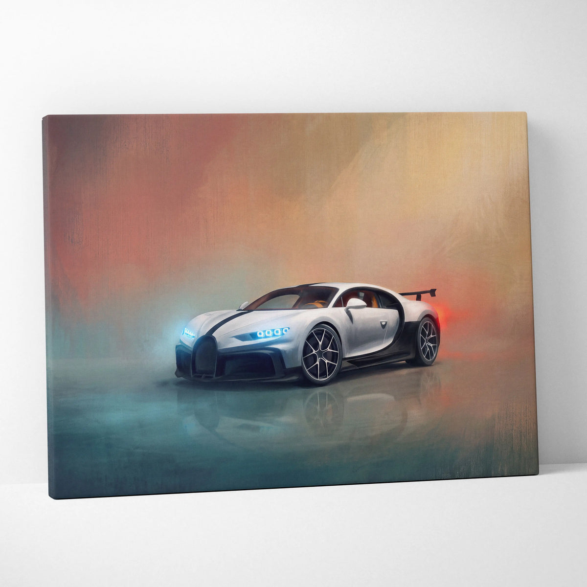 White and black bugatti chiron pur sport inspired supercar canvas art with glowing blue headlights and red taillights
