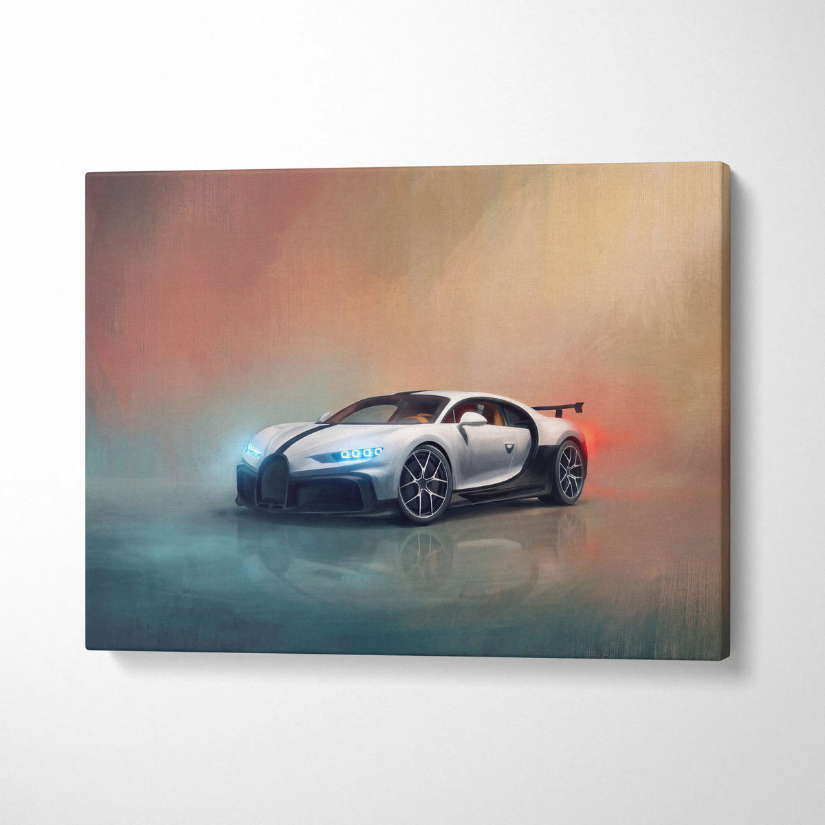 White and black bugatti chiron pur sport inspired supercar canvas art with glowing blue headlights wall print