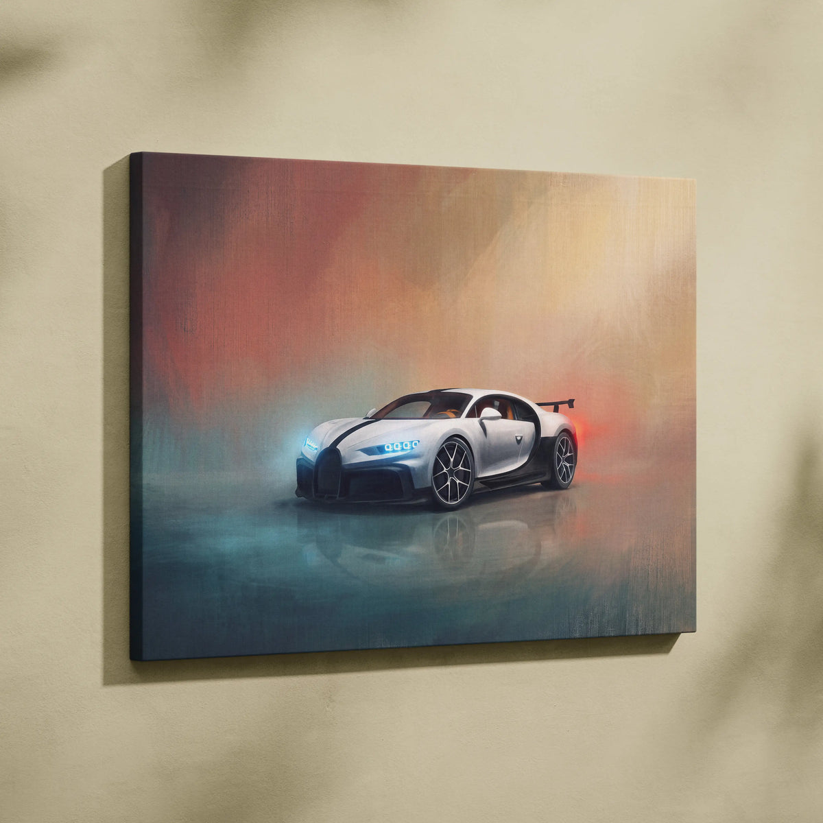 White and black Bugatti Chiron Pur Sport inspired supercar canvas art print with glowing headlights and red taillight