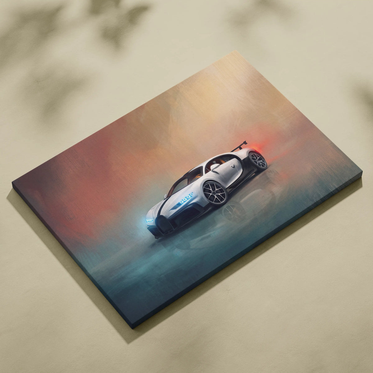 White and black bugatti chiron pur sport inspired supercar canvas art with glowing dynamic design on gradient background