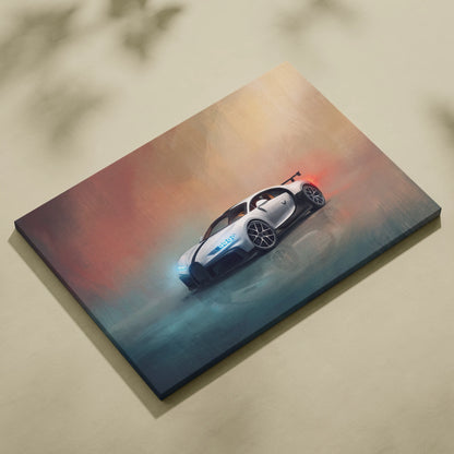 White and black bugatti chiron pur sport inspired supercar canvas art with glowing dynamic design on gradient background