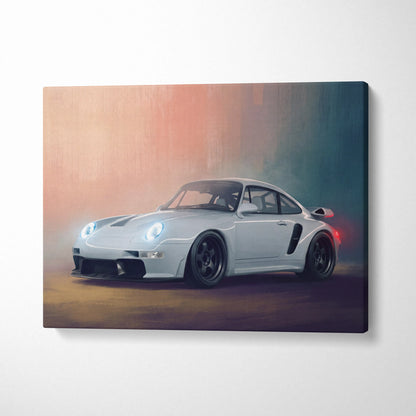 White porsche 911 sports car canvas print with sleek aerodynamic design and black rims for automotive wall art