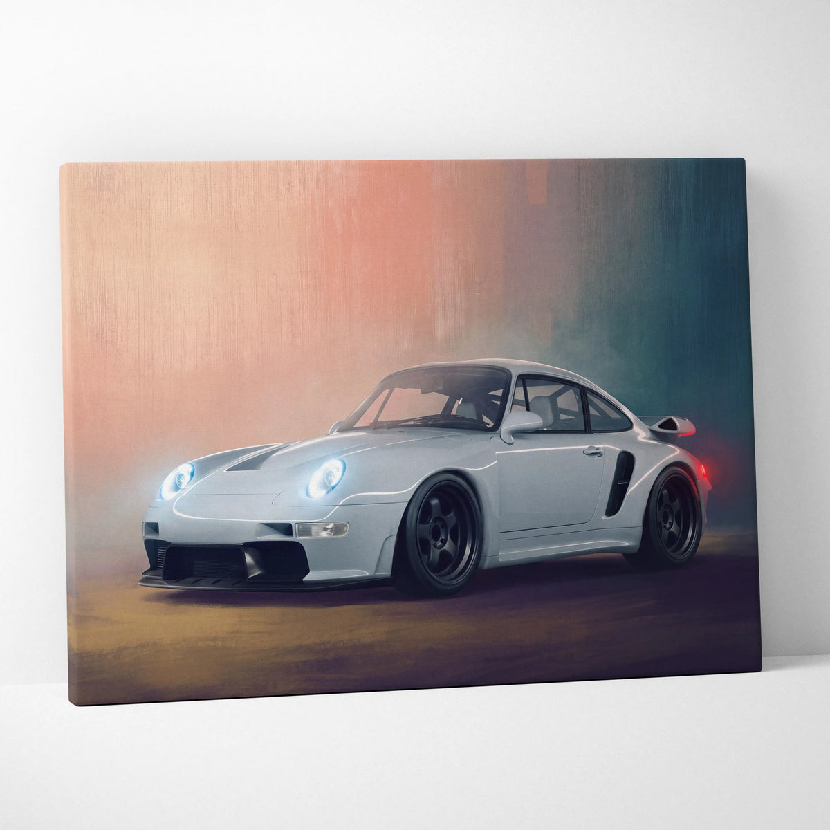 Silver porsche 911 sports car canvas print with glowing headlights perfect for automotive wall art decor