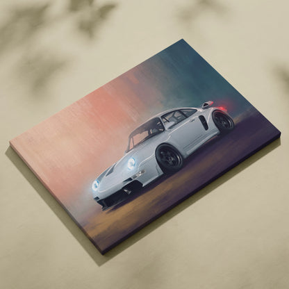 A sleek silver porsche 911 sports car painted on a stretched canvas classic german automotive wall art print