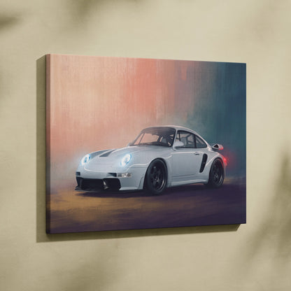 White porsche 911 sports car canvas print with glowing headlights and gradient background for automotive wall art