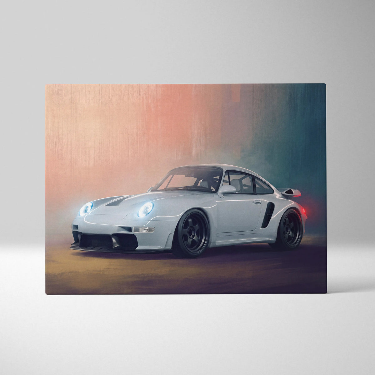 White Porsche 911 turbo sports car canvas print with glowing headlights featuring sleek aerodynamic design